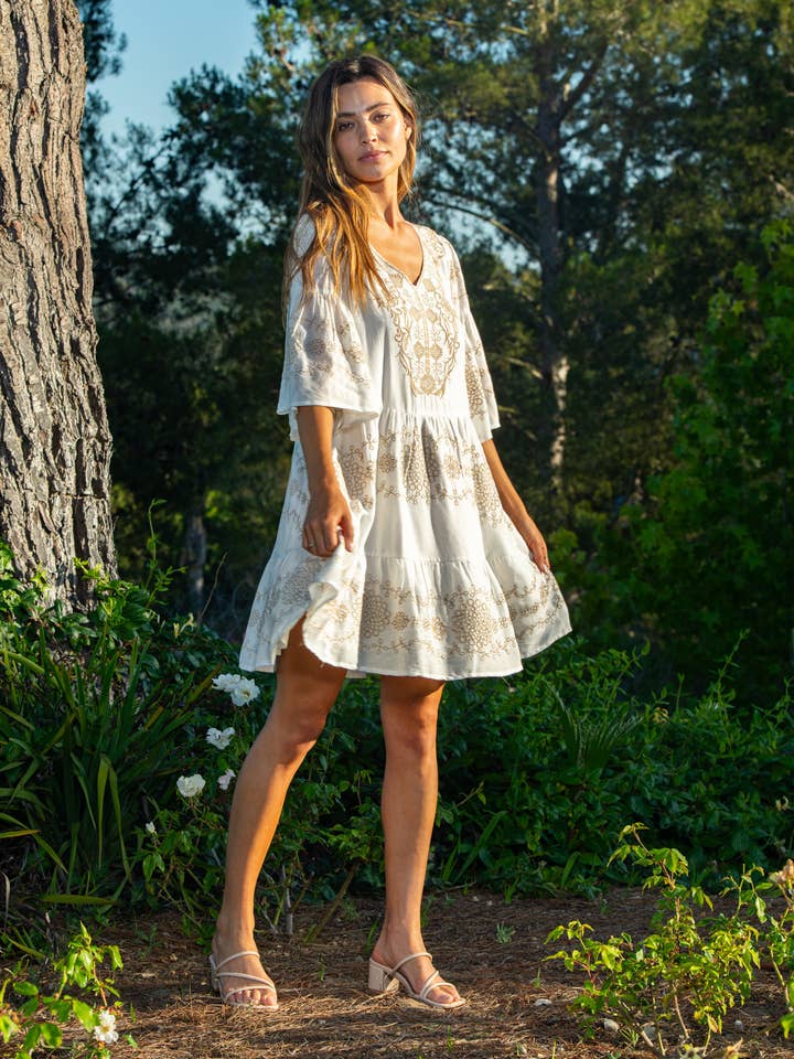 CREAM EVE TIERED EMBROIDERED DRESS for wholesale by Tolani