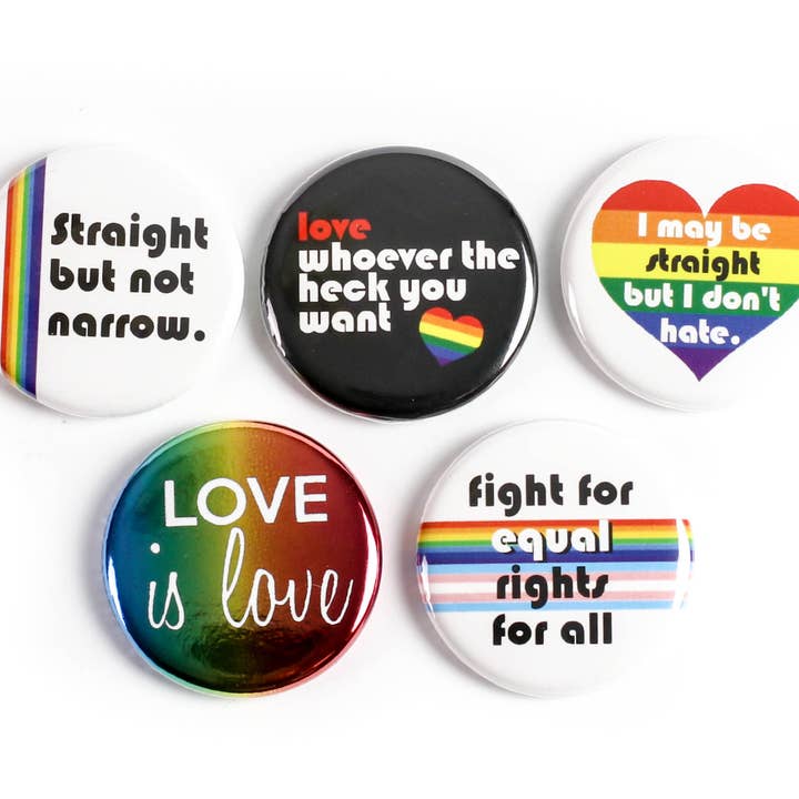 SET: LGBTQ Ally Themed Pinback Buttons or Magnets for wholesale by Ifs, Ands, Or Buttons