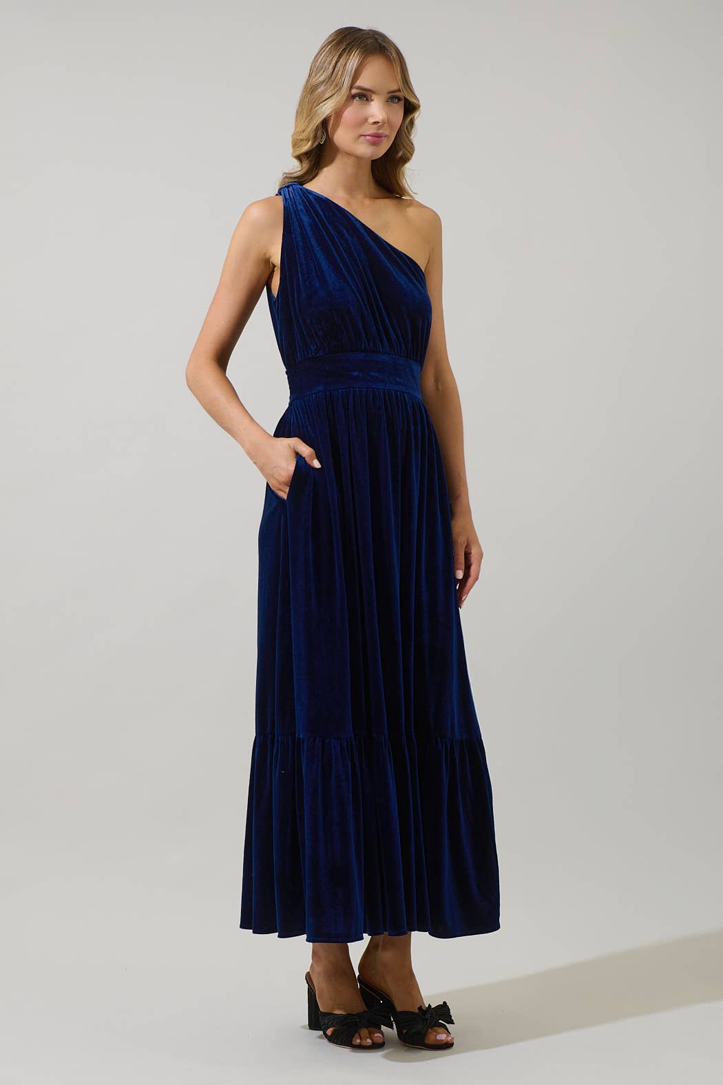 Navy Bevany Velvet Diley One Shoulder Maxi Dress for wholesale on Faire2