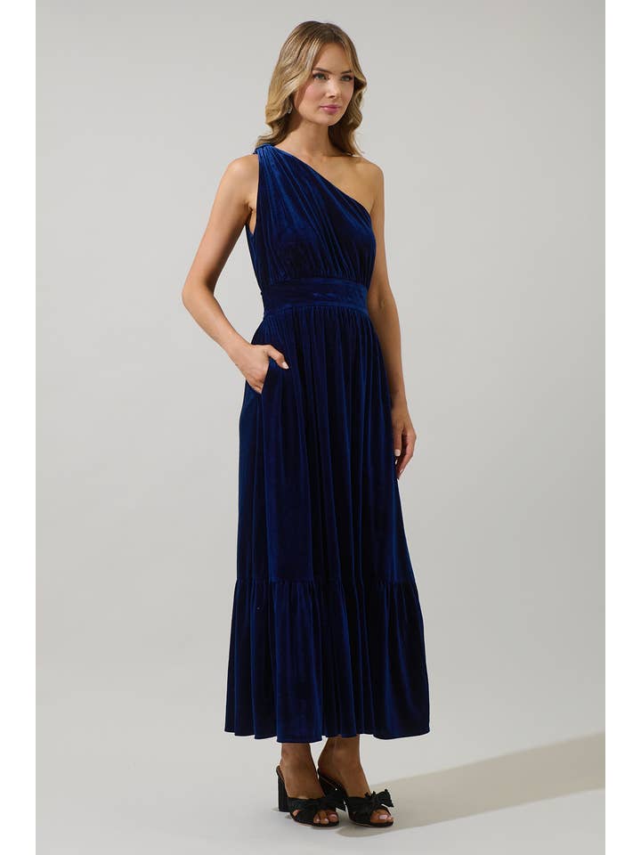 Navy Bevany Velvet Diley One Shoulder Maxi Dress for wholesale on Faire2