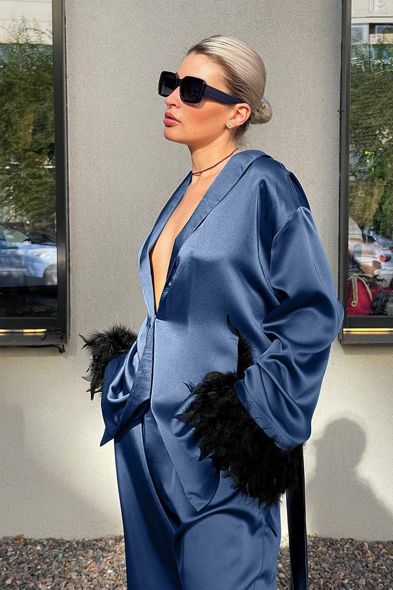 BLEU ENSEMBLE DE MAISON EN SATIN PLUME COULEUR UNIE CWSPJ0165 en vente sur Faire1