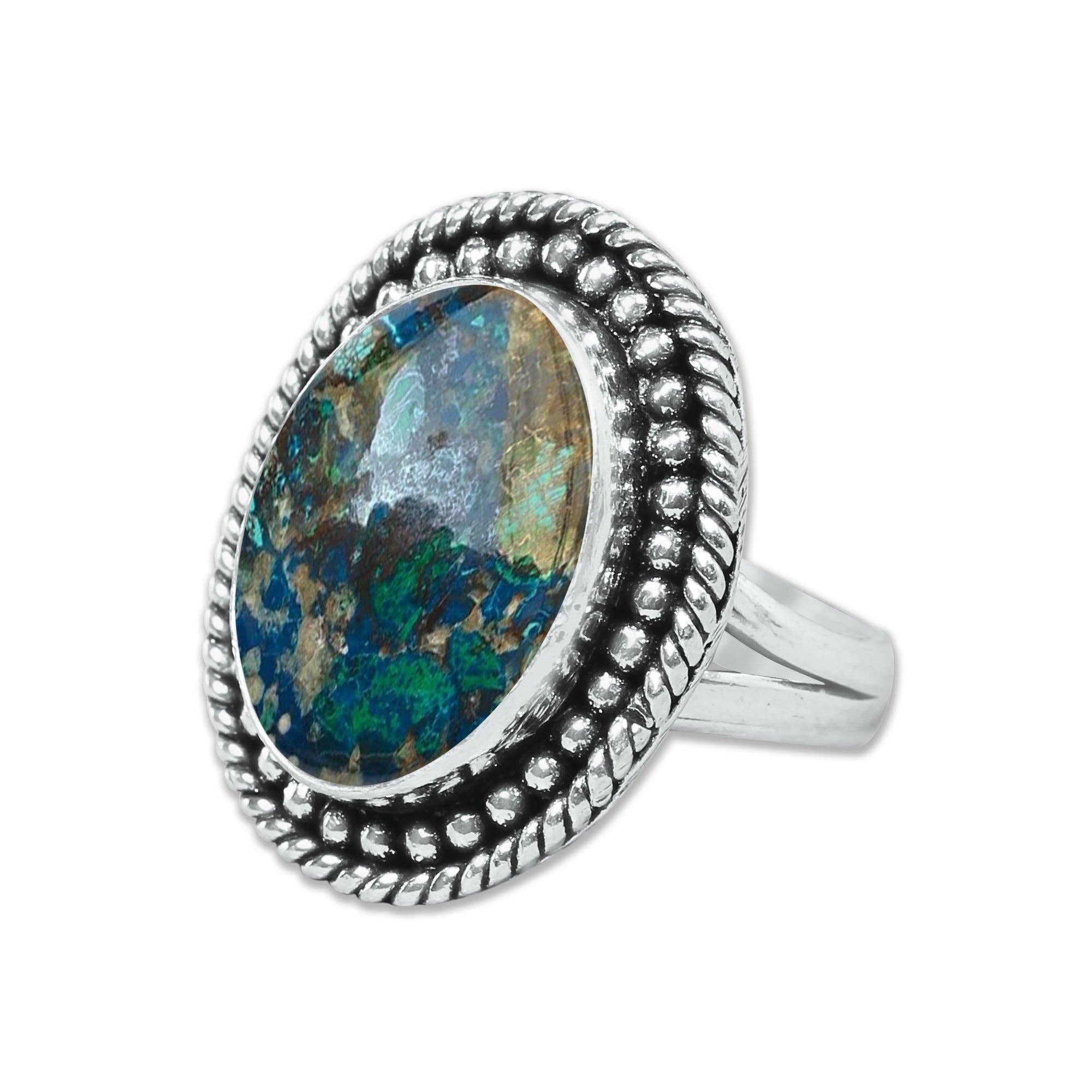 Handmade Jewels – wholesale Cocktail/Statement Ring – Chrysocolla-ringar – Silverpläterade, Handgjorda, Jordnära Havsgröna (US Storlekar 6–10, Tillverkade på Beställning)3