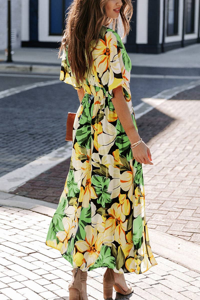 Lily Clothing - Wholesale Dress - Women's - High waist fashion print V-neck high slit waist dress5