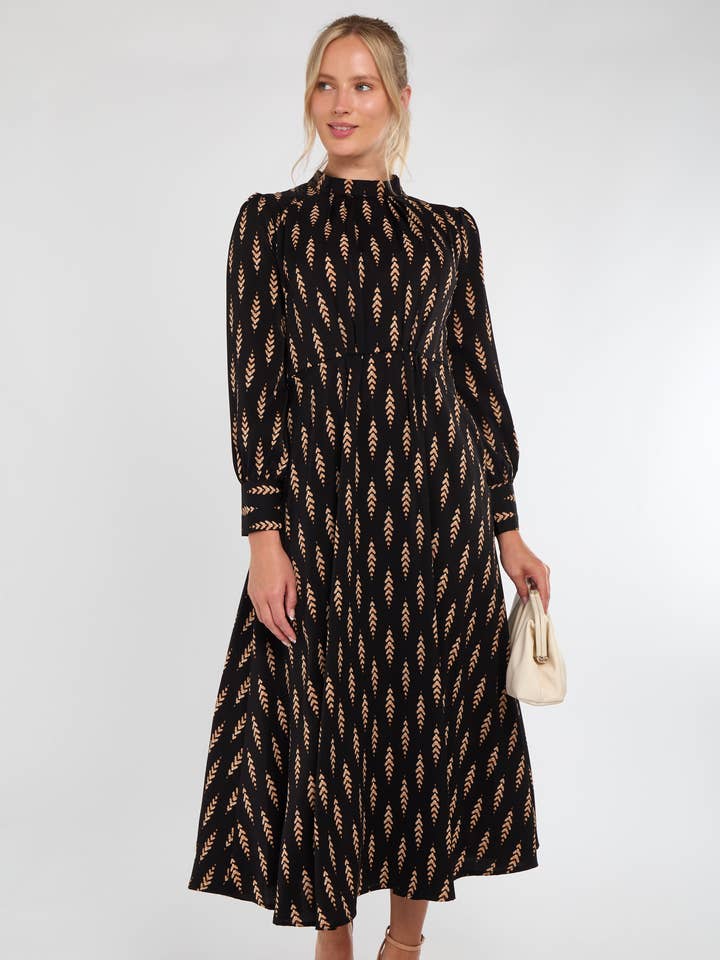 Tan Chevron Print Pleated Skirt Maxi Dress for wholesale by Love Sunshine Wholesale