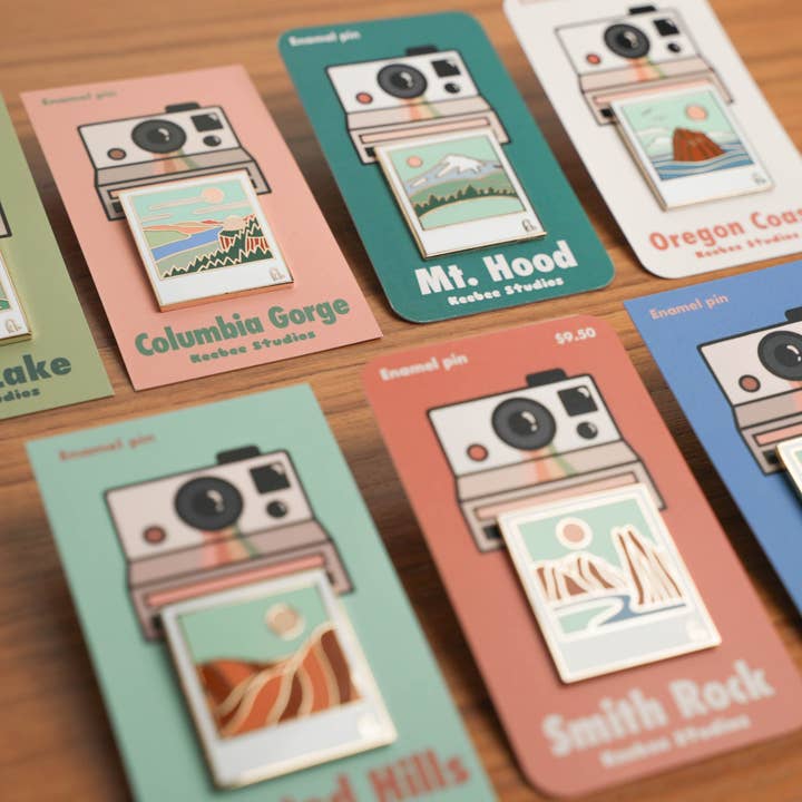 7 Wonders of Oregon Polaroid Enamel Pins for wholesale by Keebee Studios