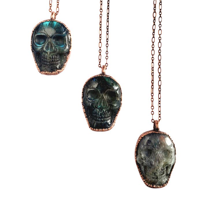 Labradorite Carved Skull Necklace for wholesale by MergingMetals