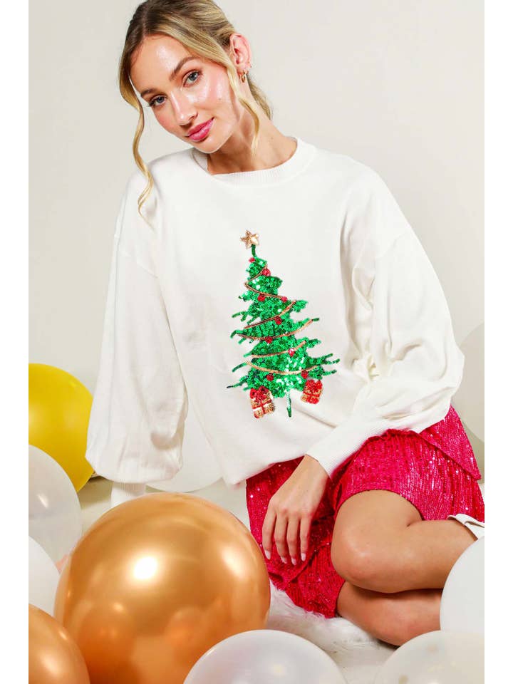 Vine & Love - Wholesale Knit Sweater - Women's - Christmas Tree Sequin Detail Knit Sweater Top VT81484G
