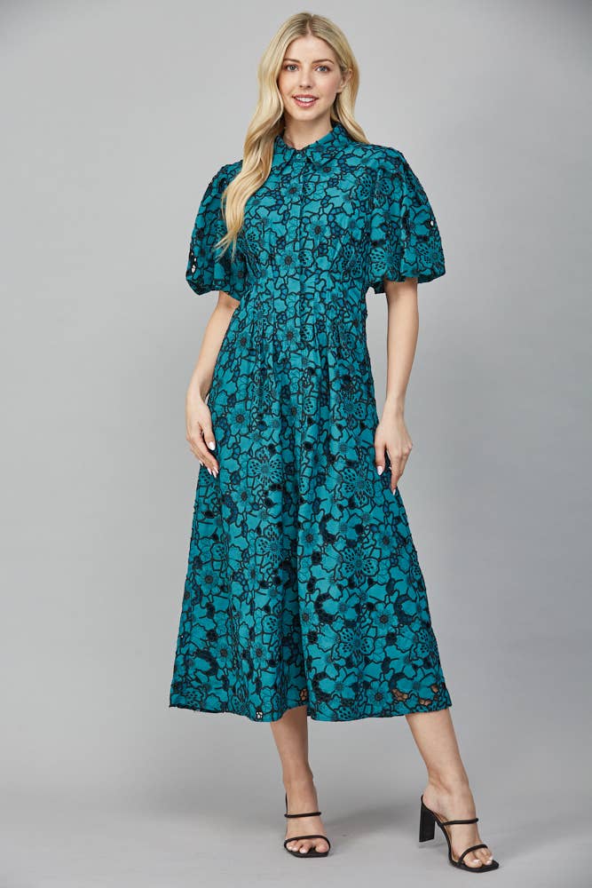 FATE - Wholesale Dress - Women's - PLEATED WAIST HALF BUTTON DETAIL EYELET LACE DRESS FD3546310