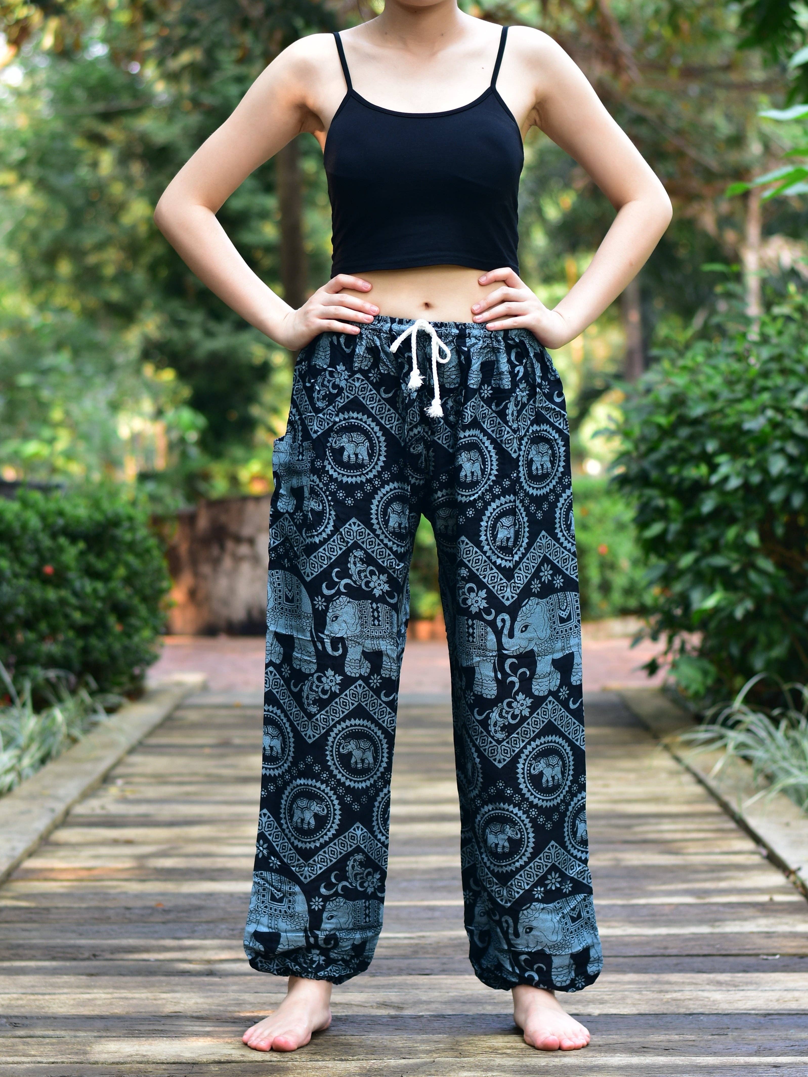 Black Elephant Tusker Harem Pants Tie Waist S-LXL for wholesale on Faire0