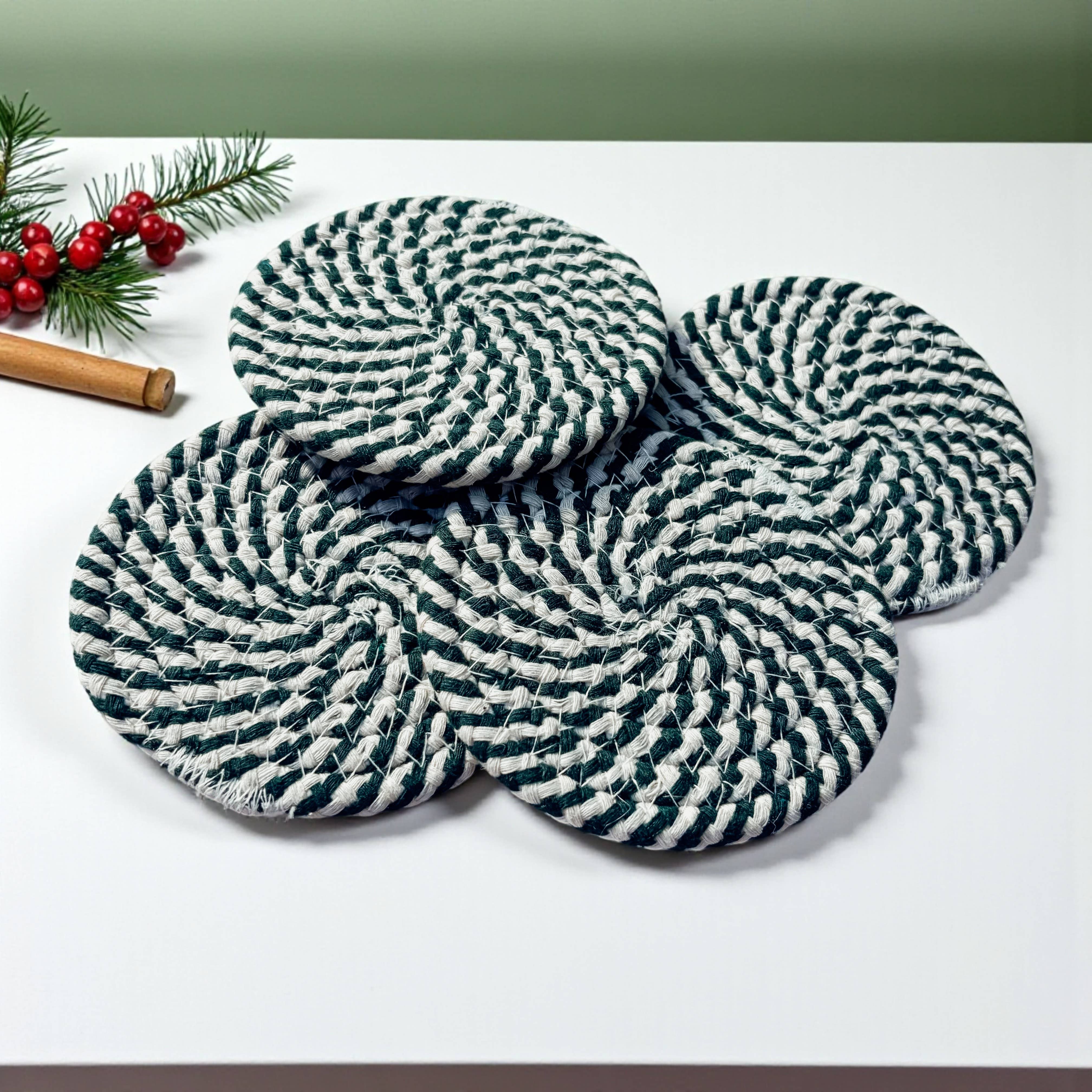 Gia Roma - Wholesale Coasters - Christmas Coasters, Red Candy Cane Braided Cotton Fabric Set37