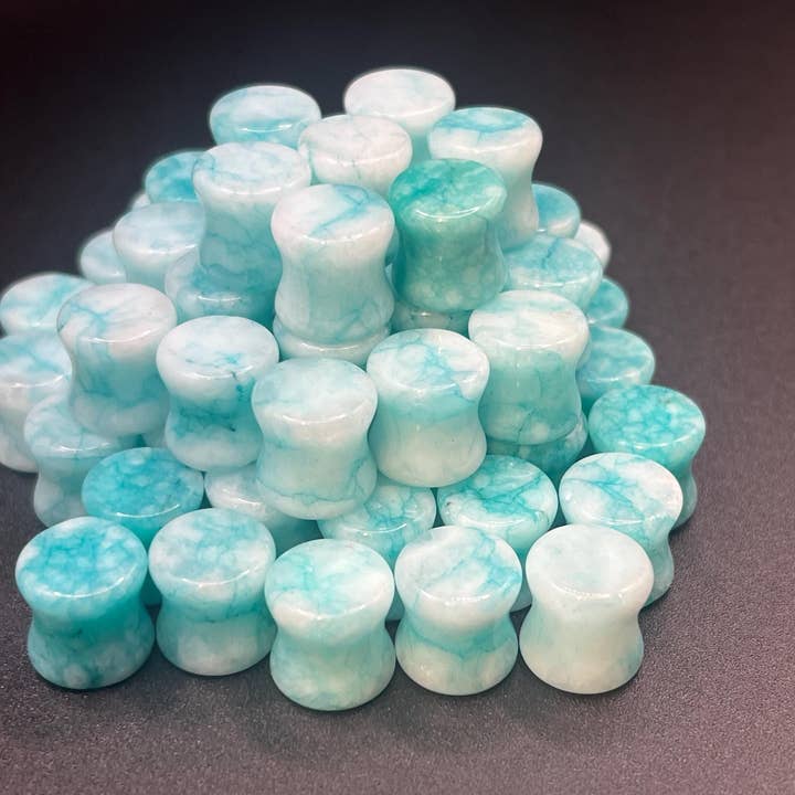 Blue Line Agate Gauges Plugs Double Flare for wholesale by EC Plugs and Gems