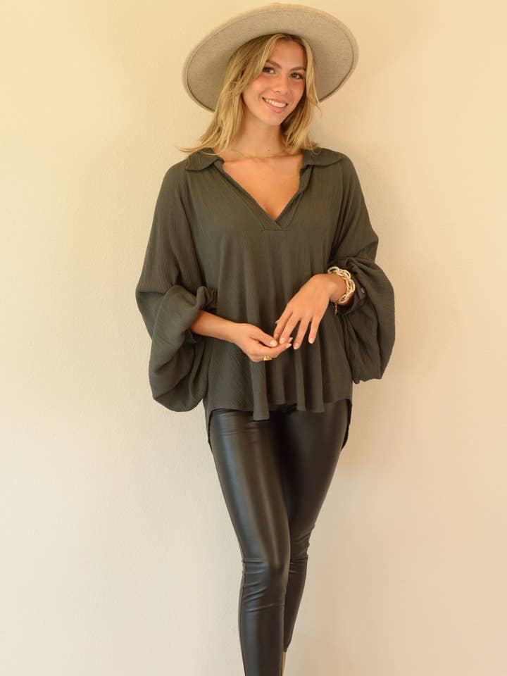 Ambiente - Wholesale Blouse - Women's - WASHED BALLOON BLOUSE-T2309EL7415912