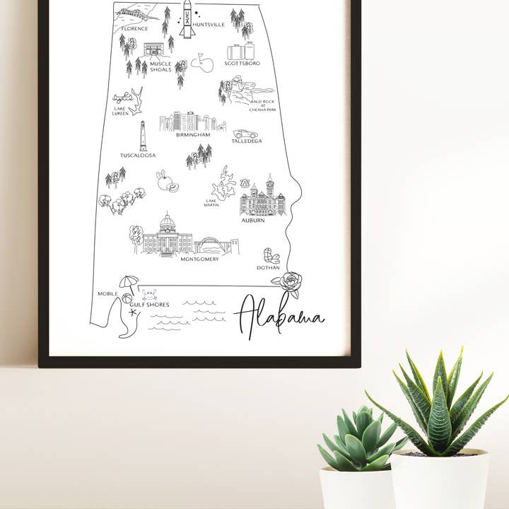 Esquisse de la carte de l'Alabama et des points d'intérêt pour la vente par Simply Sketch Studio