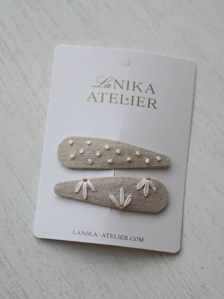 Hand embroidered snap clips: beige bloom + dots for wholesale by Lanika Atelier, Nika Korošec s.p.