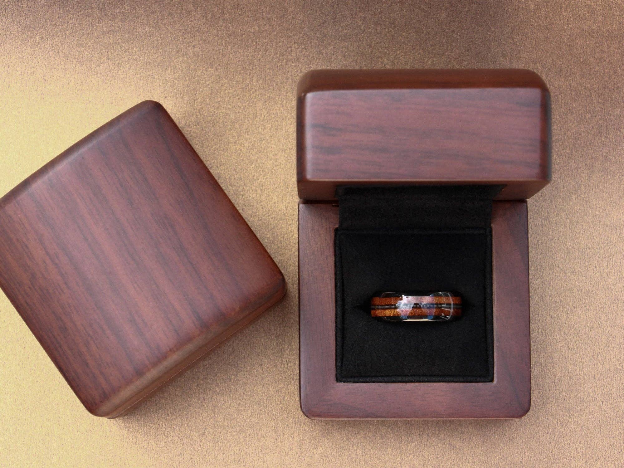 Redwood Rings - Wholesale Band/Stacked Ring - Black Tungsten Ring, Guitar String and Koa Wood Inlay - 8MM7