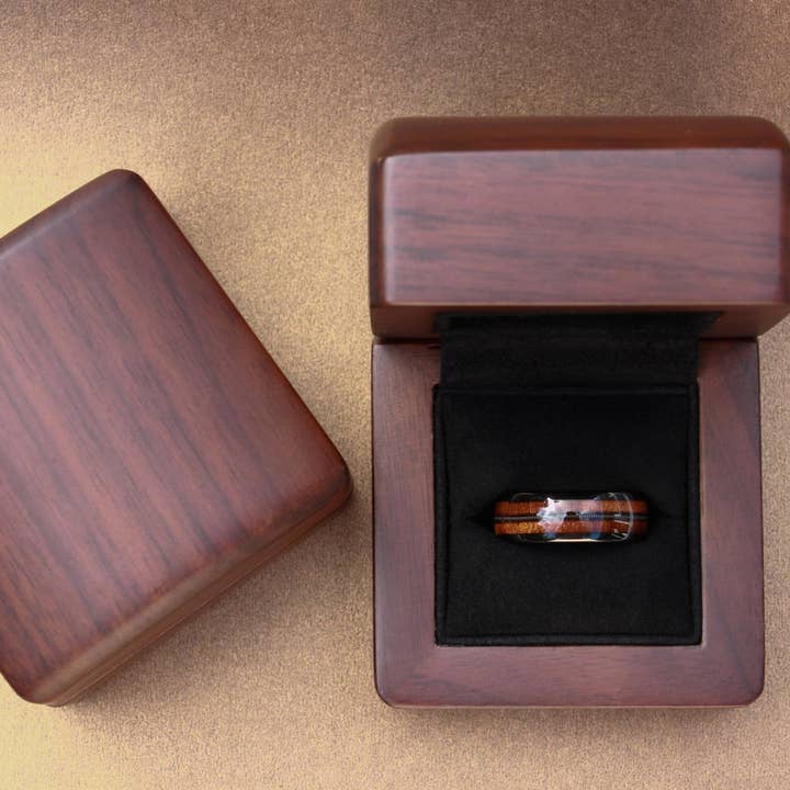 Redwood Rings - Wholesale Band/Stacked Ring - Black Tungsten Ring, Guitar String and Koa Wood Inlay - 8MM7
