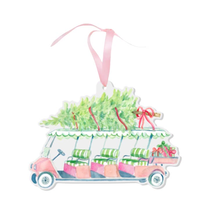 Holiday Palm Beach Golf Cart Watercolor Ornament for wholesale by Simply Jessica Marie