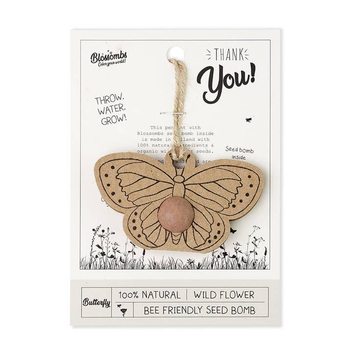 Organic Butterfly Hanger Card – Thank You - with 1 Seed Bomb for wholesale by Blossombs