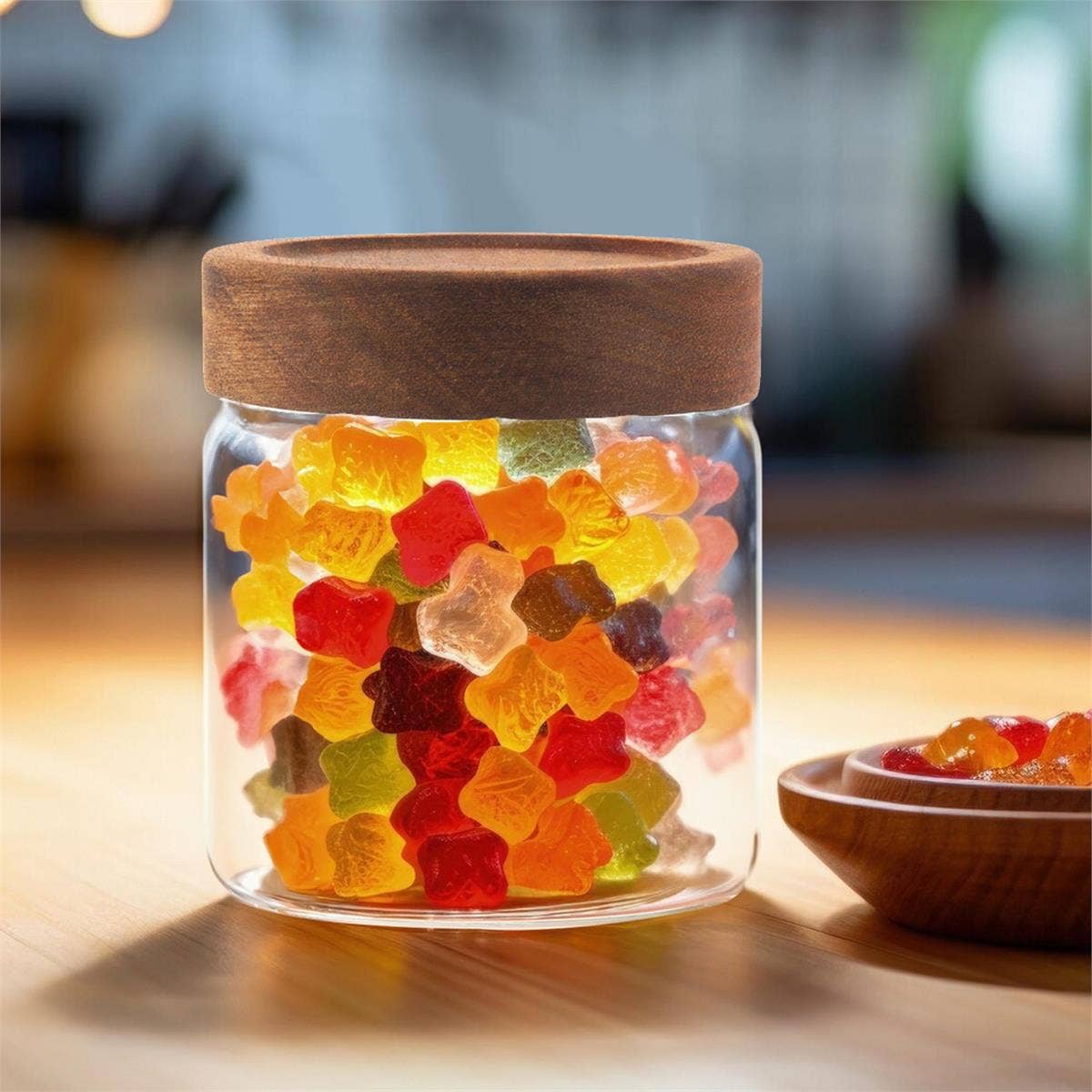 Luciano Gourmet - Vente Boîtes de conservation - Bocal en verre L.Gourmet avec couvercle en bois d'acacia, CUP2