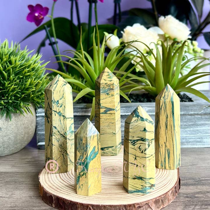 KayleeNYC - Wholesale Spiritual Stone/Crystal - 1 Lb Natural Yellow Unakite Jasper Chrysoprase Obelisk Tower2