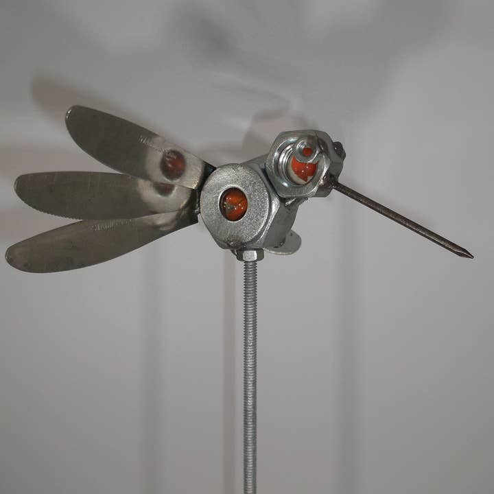 Orange Humming Bird, Metal Bird Sculpture, Garden Stake for wholesale by Creations Welded