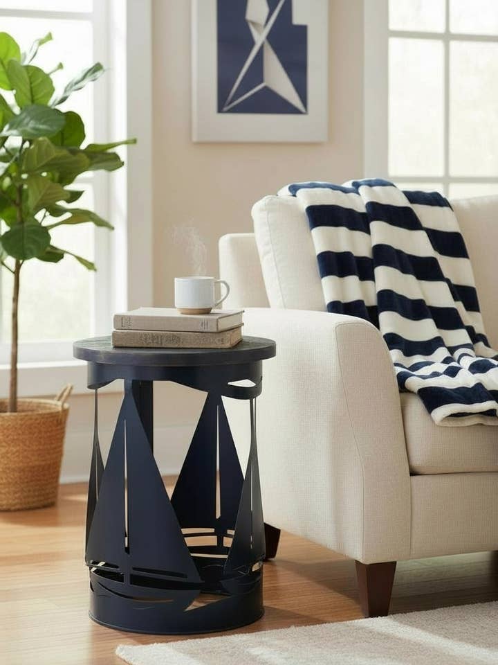 Iron Cylinder End Table With Sailboat Accent for wholesale by Coast Lamp Mfg
