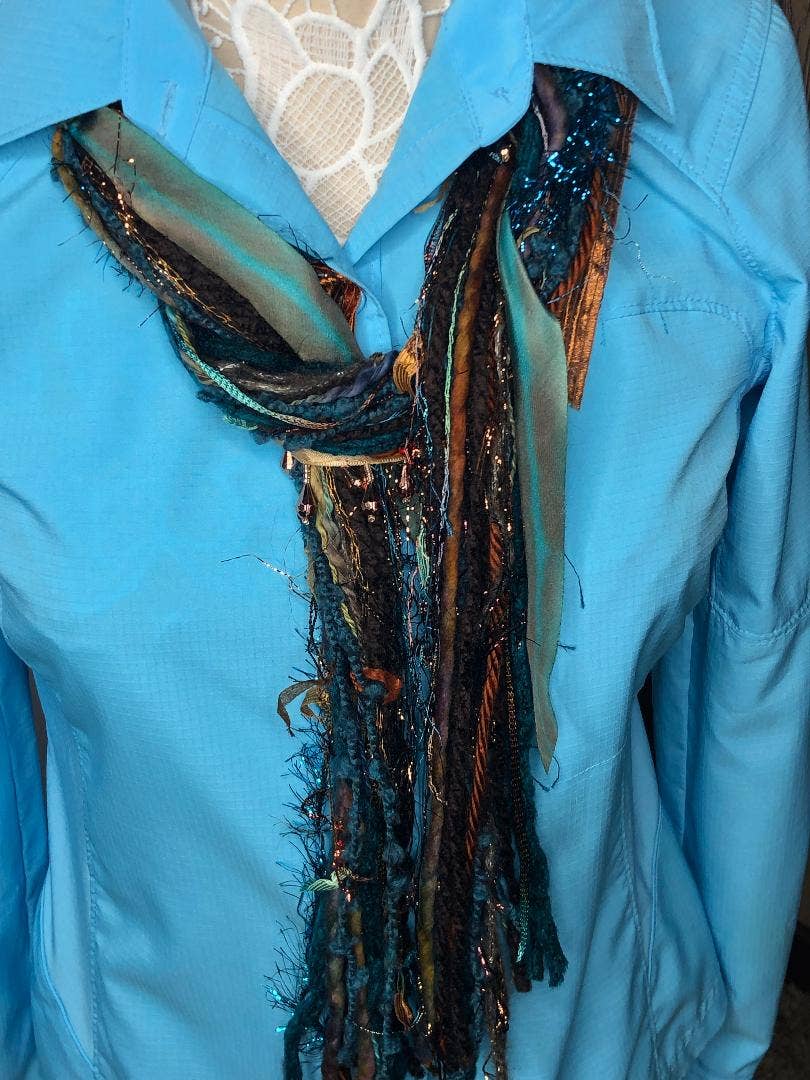 Scarves of Westwood - Wholesale Scarf - Women's - Bronze & Turquoise Fringe Scarf - Artisan Made2