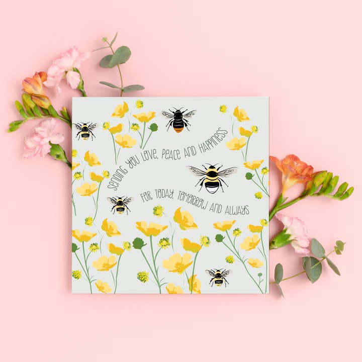 Sending love, peace and happiness greeting card with bees for wholesale by Lorna Syson
