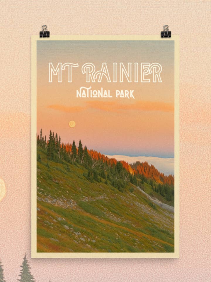Affiches vintage inspirées du coucher de soleil sur le mont Rainier 11x17 pour la vente par Traildust Goods