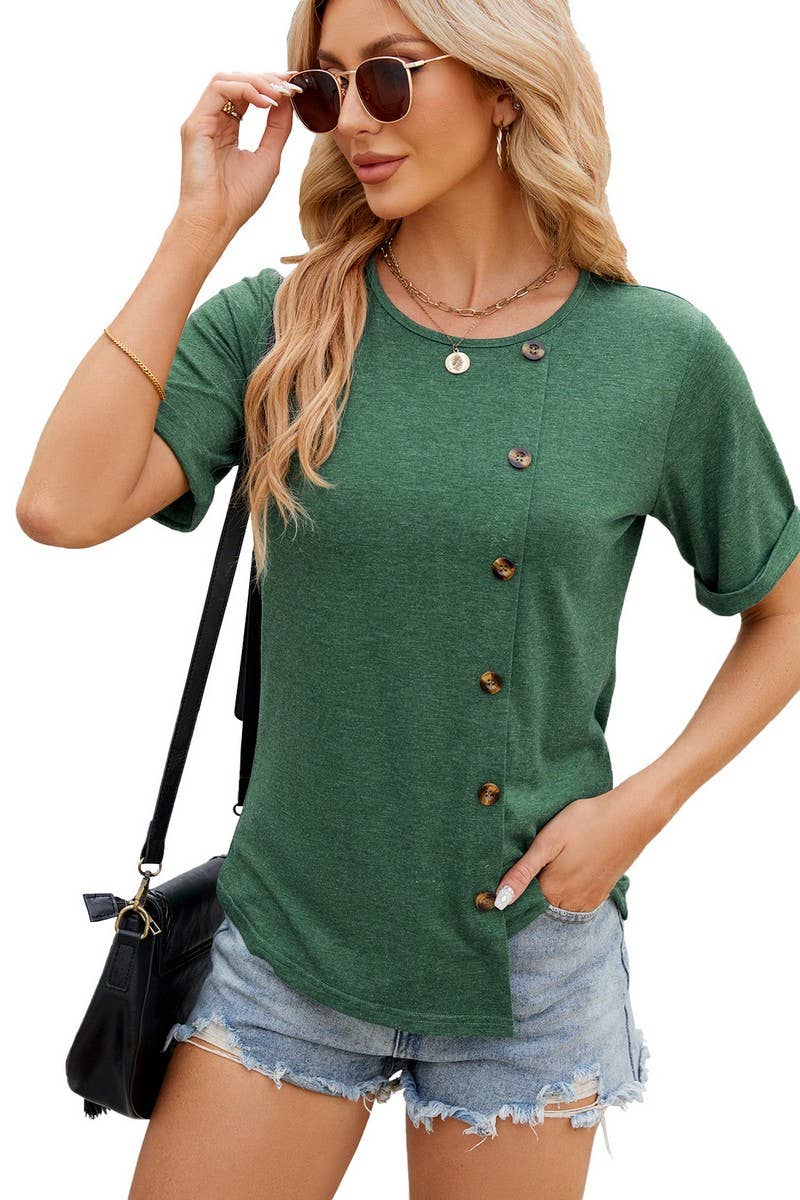 Lily Clothing - Wholesale T-Shirt - Women's - ROUND COLLAR BUTTON IRREGULAR HEM T SHIRT_CWTSTS014710