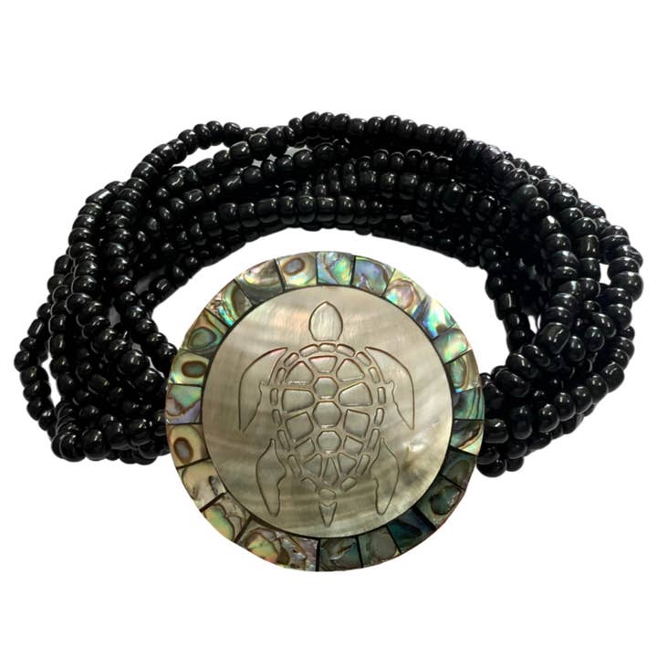 Bamboo Source Tropical Decor - Wholesale Beaded Bracelet - Abalone Etched Turtle Stretch Bracelet