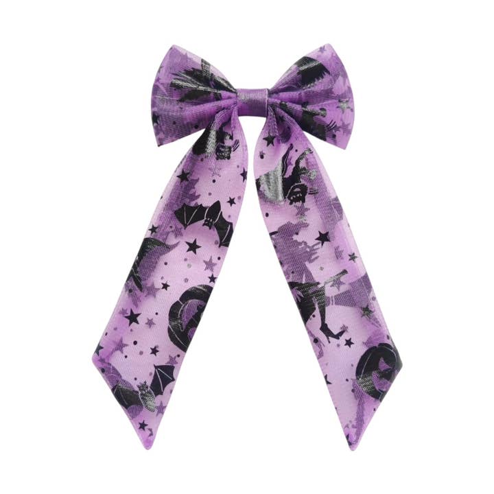 Purple Spooky Tulle Long Tail Hair Tied Bow w/ Clip for wholesale by Pretty in Pink Bows