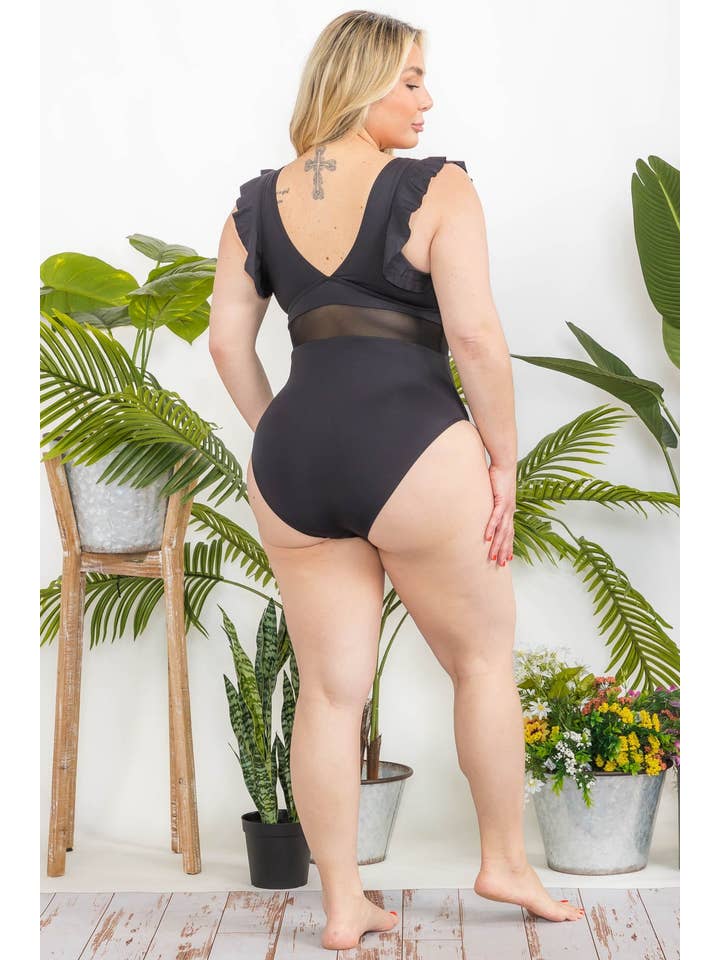 H3042 Black Ruffle One-Piece Swimsuit for wholesale on Faire