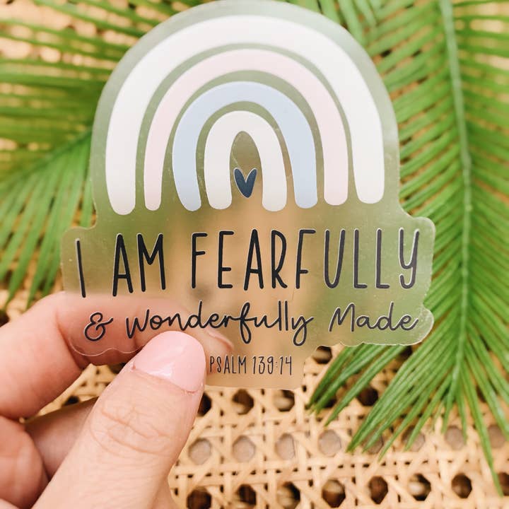 Fearfully + Wonderfully Made Clear Vinyl, Sticker, 3x3 in. for wholesale by Savannah and James Co
