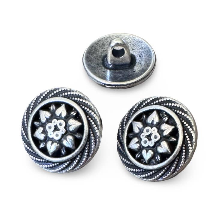 Traditional button flower metal buttons 15 mm silver for wholesale by Hartmann-Knöpfe