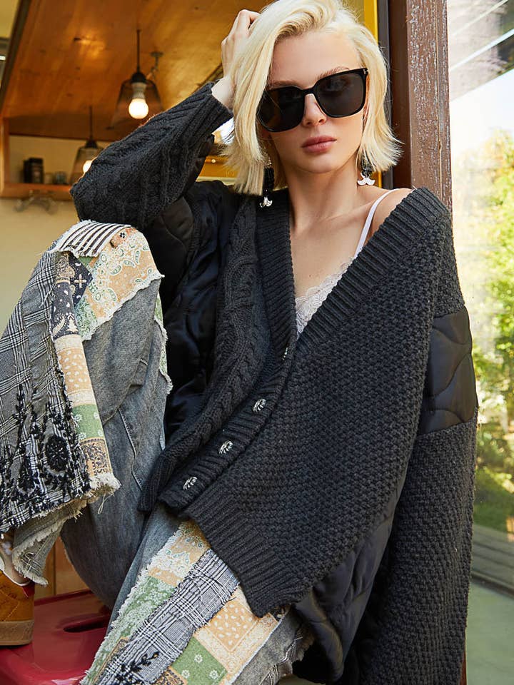 Pol Clothing - Wholesale Cardigan - Women's - Quilting patch contrast solid button down sweater SALE
