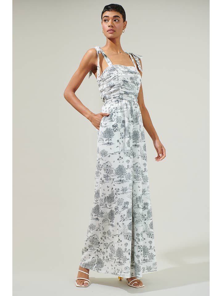 GreyBlack Renzo Toile Strap Tie Jumpsuit for wholesale on Faire