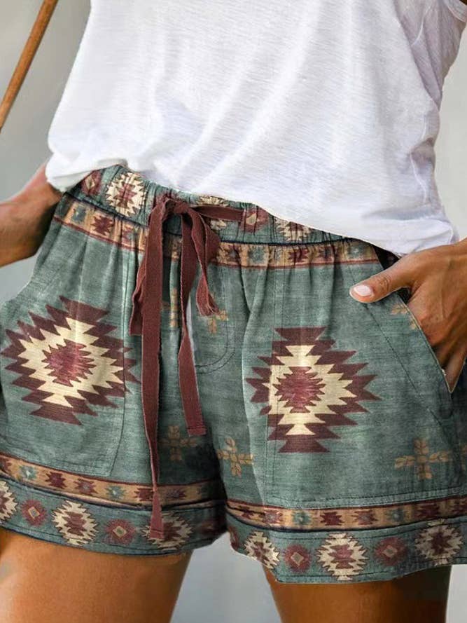 UNISHE - Wholesale Shorts - Women's - Western Aztec Print Drawstring Shorts - Size Chart Available