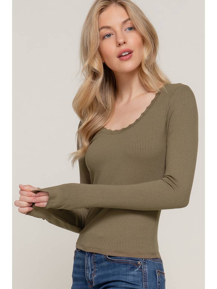 Active Basic | Active USA - Wholesale Knit Top - Women's - Long Sleeve Scoop Neck with Lace Trim Rib Knit Top