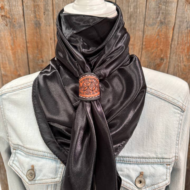 Rodeo Drive - Wholesale Scarf - Unisex - 35X35" Solid Black Wild Rag / Scarf - Tooled Leather Wild Rag Slides - Assorted4