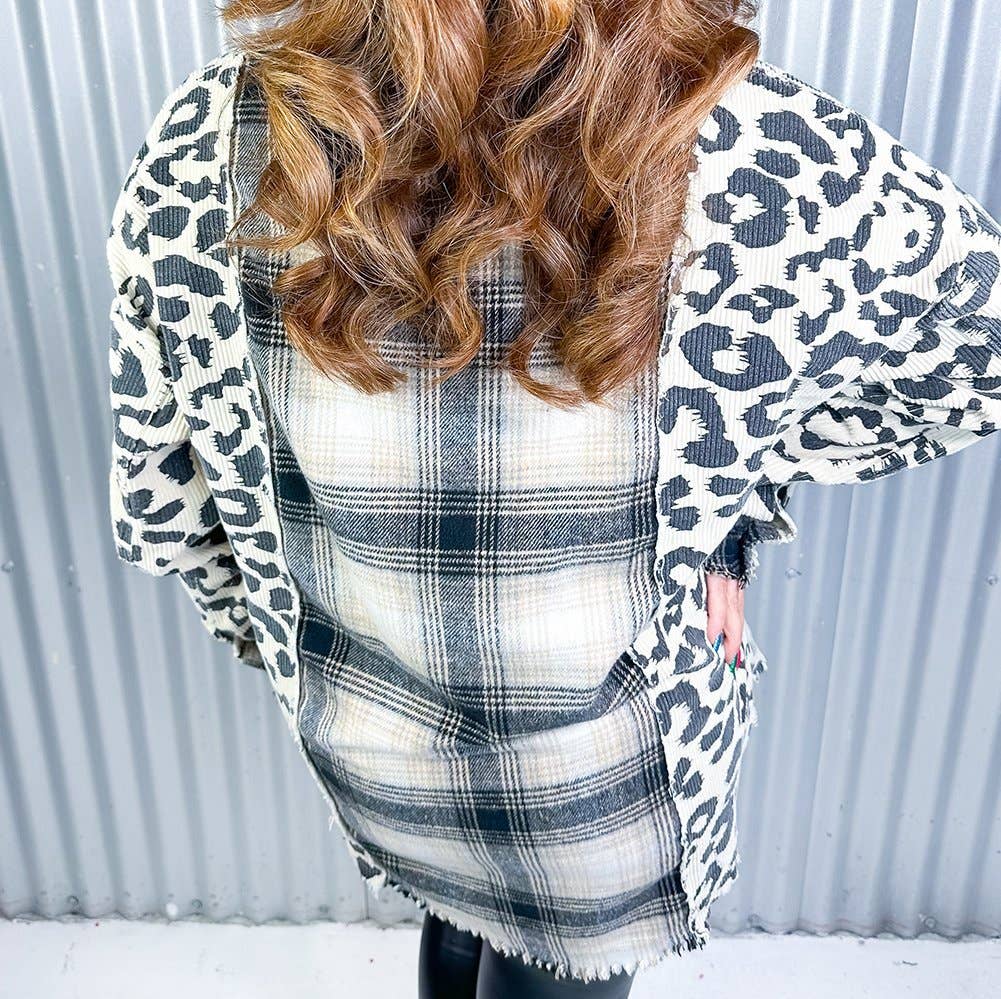 Black Plus Size Plaid Leopard Printed Patchwork Button Up Shacket for wholesale on Faire1