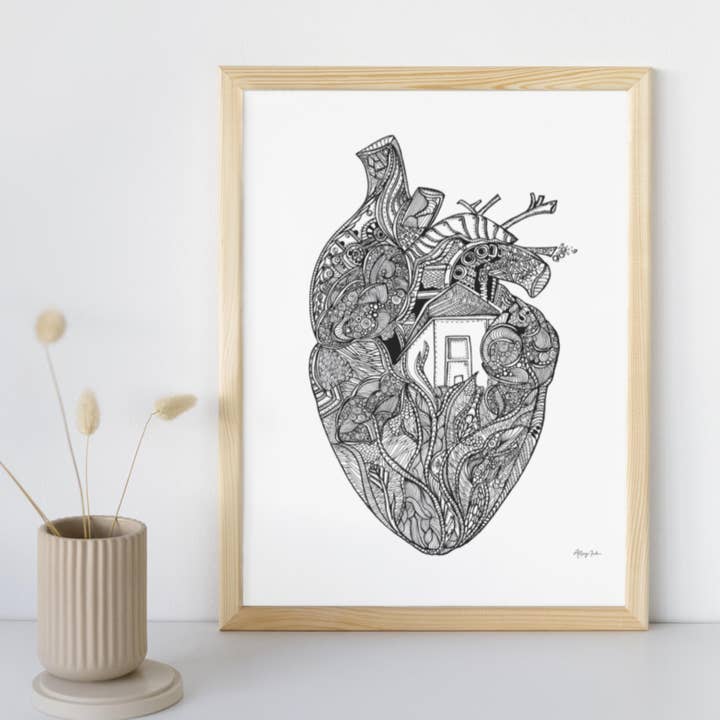 Lámina Home Heart Art, disponible en tamaños de 8 x 10 o 11 x 14 para venta al por mayor de Artery Ink