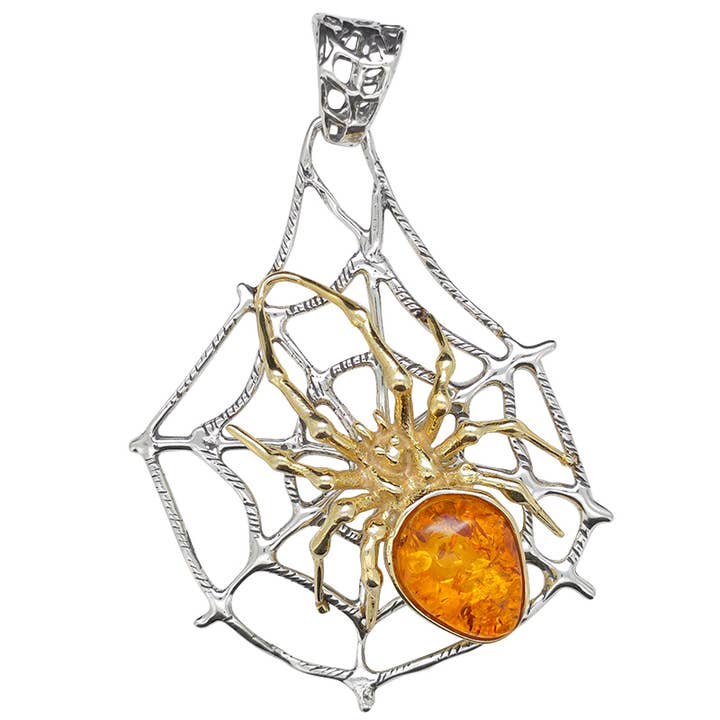 Spider on a Cobweb Amber Gold Plated Silver Pendant for wholesale by Amberman