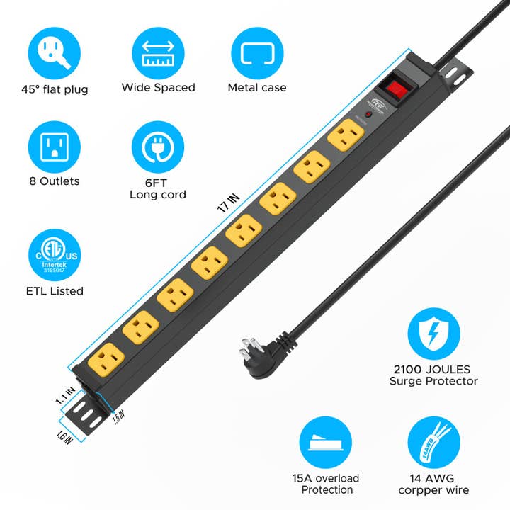 Rocket Socket Technology - Wholesale Power Adapter - CRST Mountable Long Power Strip, 8 Outlets or 12 outlets 2100 Joules Surge Protector, Slim Metal Power Bar with 6FT Extension Cord, ETL Listed.5