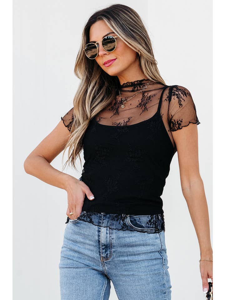 Black Floral Sheer Mesh Short Sleeve High Neck Blouse S-4X for wholesale on Faire