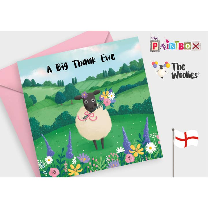 A Big Thank Ewe sheep holding flowers The English Woolies x6 for wholesale by The Paintbox