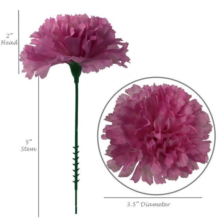 Larksilk - Wholesale Artificial flowers - 100-Pack: Violet Carnation Picks, 5" Stems, 3.5" Wide1