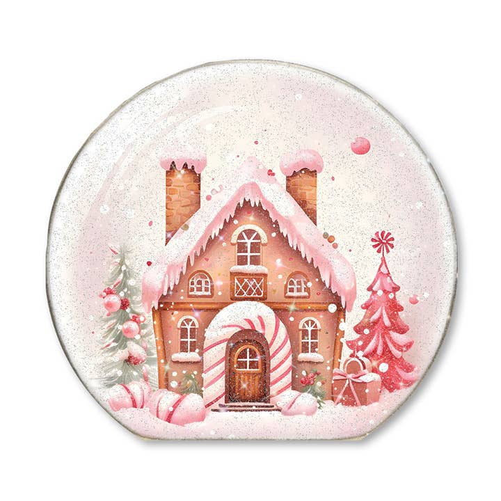 SNOWGLOBE SITTER PINK TREE GINGERBREAD HOUSE (WITH GLITTER) for wholesale by Jarmz Designs
