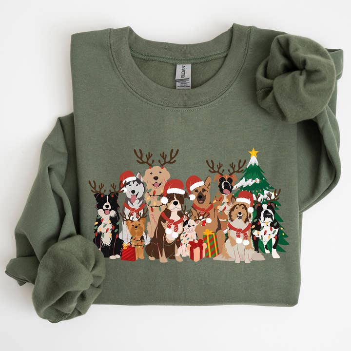 Refinery Number One LLC - Wholesale Graphic Sweatshirt - Unisex - Christmas Dogs, Antlers, Reindeer Santa Dog Lover Sweatshirt