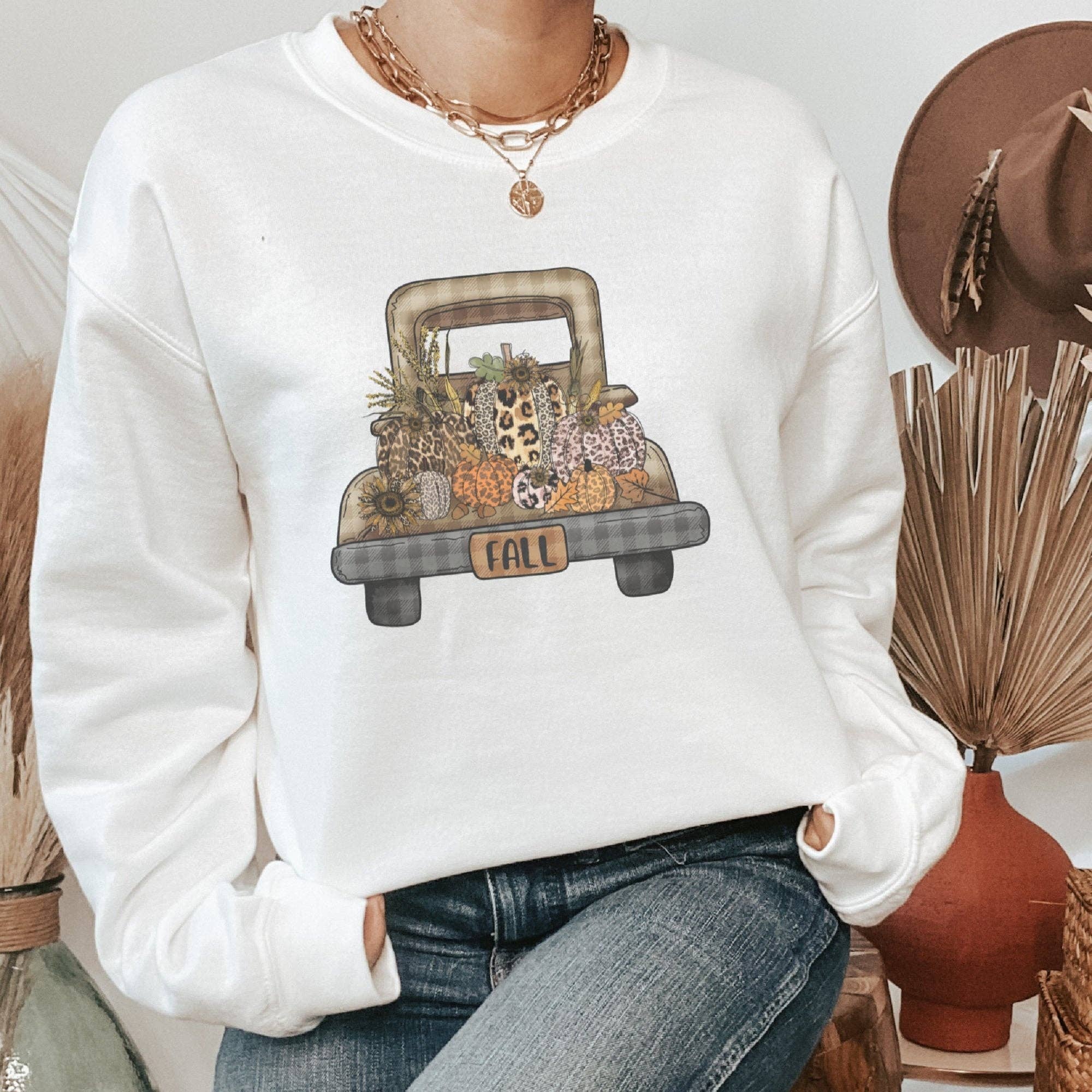 Trendznmore - Modern Graphic Apparel - Wholesale Graphic Sweatshirt - Women's - Vintage Fall Leopard Pumpkin Truck Crewneck Sweatshirt0